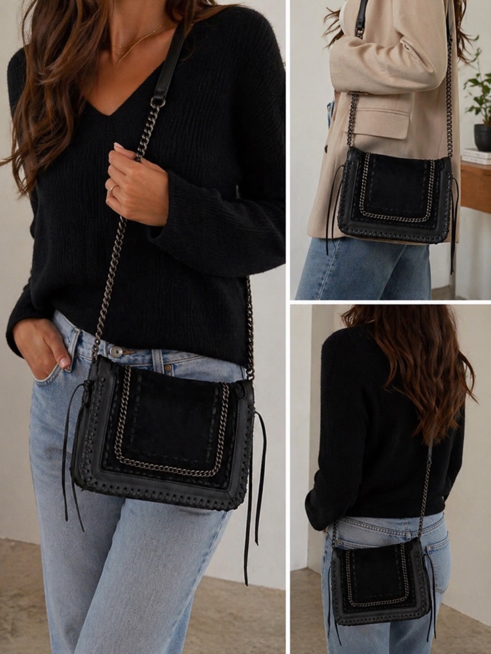 Zara Leather Suede Crossbody Chain Bag Black Whipstitch Detail